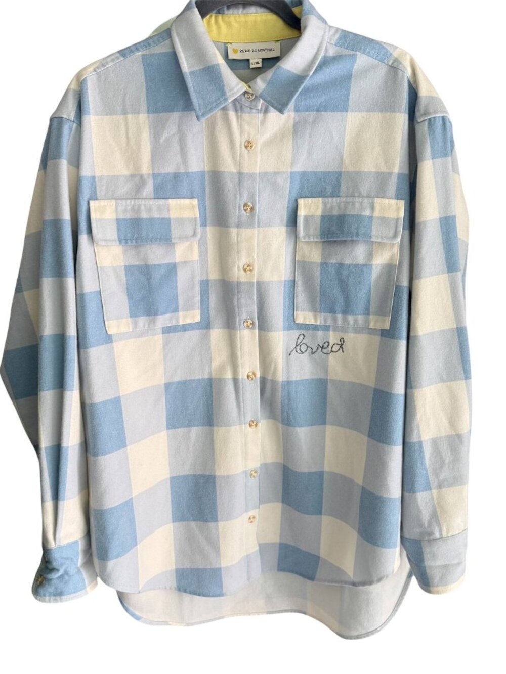 Kerri Rosenthal Shirt Check Plaid Loved Flannel Shacket Embroidered